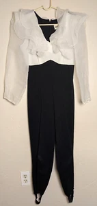Vintage 1980's Black White Stirrup Foot Jumpsuit Ruffled Neckline Cocktail 9/10 - Picture 1 of 4