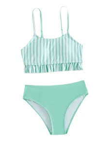 NWT GIRLS size 10, 11-12 MINTED STRIPE RUFFLE HEM BIKINI - Picture 1 of 6