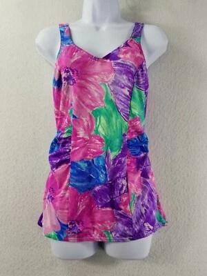 Traje de baño vintage Christina de una pieza para mujer talla 16 adelgazante floral rosa verde azulado Foto 1 de 4