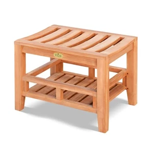 2-Tier Teak Shower Bench Stool with Storage Shelf Shower Bath Seat for Bathroom - Picture 1 of 10