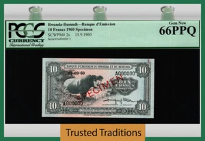 TT PK 2s 1960 RWANDA-BURUNDI 10 FRANCS SPECIMEN RHINO PCGS 66 PPQ GEM NEW - Picture 1 of 2