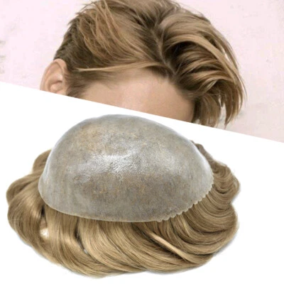 Mens Toupee Human Hair Systems Full Poly Thin Skin Hair Piece Replacement System - Image 1 of 4