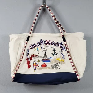 Tory Burch borsa in tela nautica East Coast ricamo include sacchetto antipolvere nuova con etichette $350 - Foto 1 di 9