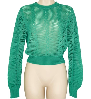 Suéter Jersey Vintage Años 70 Verde Manga Larga Globo Crop Transparente Top Camisa M Foto 1 de 4