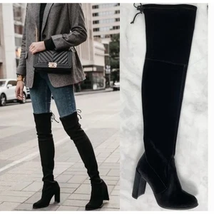Stuart Weitzman Hiline Velvet Over the Knee Boots 9 NWOT Block Heel Black Sexy - Picture 1 of 7
