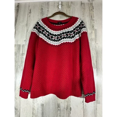 Talbots Fair Isle Sweater Sz XL Red Black White Cotton Wool Blend Winter Holiday - Image 1 of 4