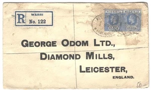 Nigeria 1925 Neat reg cover to UK franked pair 2½d, WARRI ovals & reg label, - Picture 1 of 1