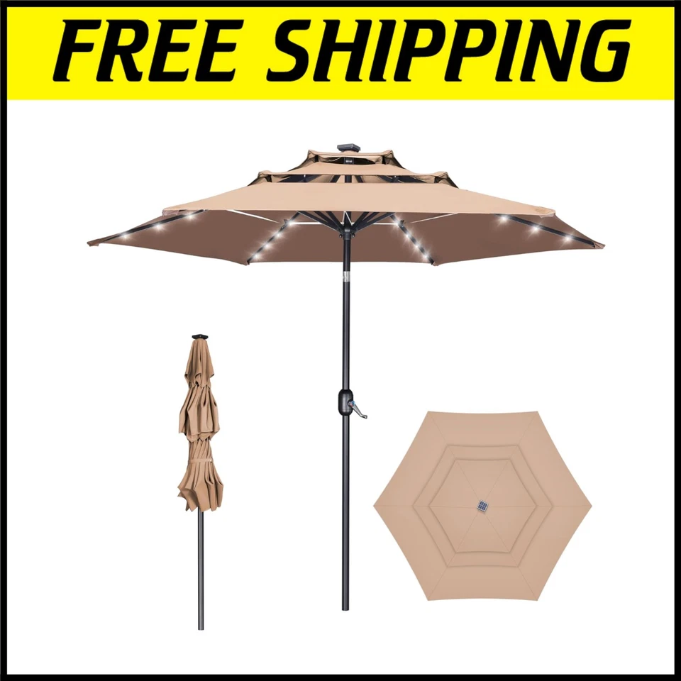 Sombrilla de patio duradera de 9 pies con ventilación y luces LED solares - resistente al óxido Foto 1 de 4
