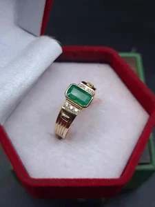 Emerald Cut Simulated Green Emerald Engagement Ring In 14k Yellow Gold Plated - Picture 1 of 6