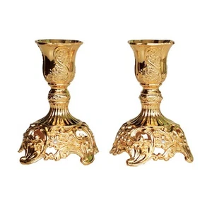 Gold Taper Candle Holders with Deluxe Engraved Design, Set of 2 Premium Gold ... - Picture 1 of 9