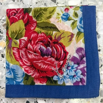 ARTE DE COLECCIÓN ROJO Y AZUL JARDÍN FLOR PAÑUELO MUJER BOLSILLO CUADRADO ALGODÓN 17" #W265 Foto 1 de 3