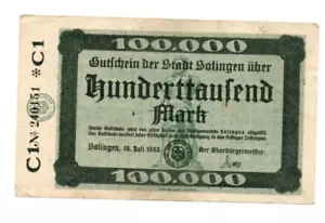 100 000 MARK VERY FINE EMERGENCY ISSUED BANKNOTE FROM GERMANY/SOLINGEN 1923 - Picture 1 of 2