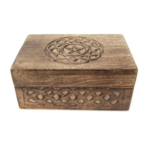 NEU Keltischer Kreis Pentagramm Box 4x6" Holz Tarot Kräuter Truhe geschnitztes Holz - Bild 1 von 6