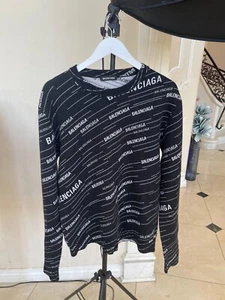 BALENCIAGA Black Wool All Over Logo Print Jumper Sweater Size XS - Picture 1 of 4