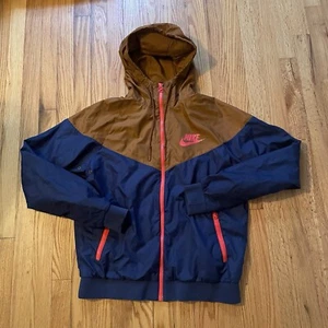 Nike Windbreaker Track Rain Jacket Coat Size Medium Full Zip Hooded -Blue Orange - Picture 1 of 6