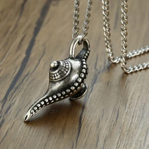 Collar colgante lámpara mágica Aladdin Wish retro gris acero titanio para hombre joyería - Imagen 1 de 10