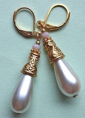GRAY HEATHER GLASS PEARL teardrop earring GP Cone hand crafted Leverback XX Foto 1 de 3
