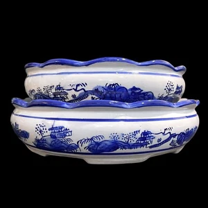 Antique 1910s Chinese Blue and White Bonsai Planters/Pots Set (2) - Hand Painted - Bild 1 von 10