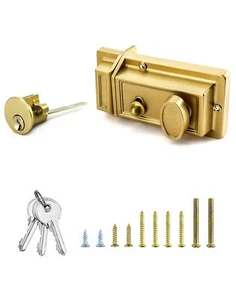 Night Latch Deadbolt Rim Lock with Key Gold Finish Antique Style Lock with Front - Picture 1 of 7