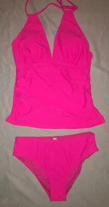 Yonique Hot Pink Tankini & Bikini Set Swimsuit XL Halter Neck Ruche New - Picture 1 of 4
