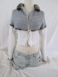 sand951 S/M GEHÄKELTER DREIFARBIGER SCHNEIDUNG PULLOVER TOP - Bild 1 von 7