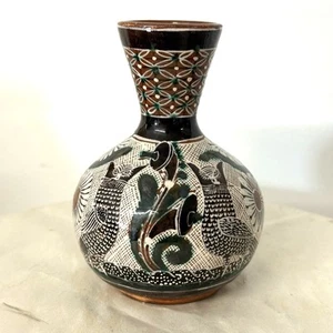 Vintage Jose Bernabe Petatillo Tonala Jalisco Messico piccolo vaso bocciolo floreale gufi - Foto 1 di 8