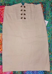 Women's Valia Size Medium M Beige Pencil Thin Stretch Skirt Button Up Front - Picture 1 of 6