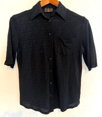 FENDI винтажный Zucca монограмма логотип рубашка верхняя кнопка черный вискоза M - Изображение 1 из 4