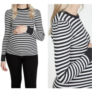 HATCH The Giada Striped Sweater Merino Wool Puff Sleeves Gray White {TT30} - Picture 1 of 5