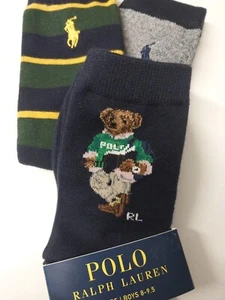 Big Boys Size 8-9.5 Ralph Lauren POLO FOOTBALL BEAR Crew Socks Shoe 13-3 , 3 Pr. - Picture 1 of 3