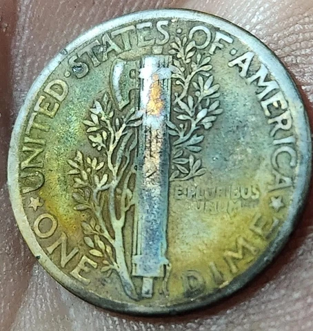 1945 Silver Mercury Dime Toned 90% Silver Unc Bu Amazing Tone Color Rainbow Cover