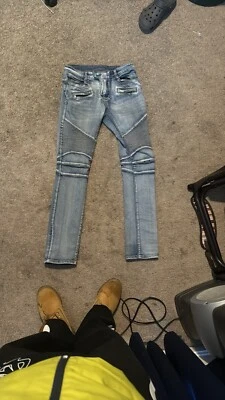 Jeans masculino BALMAIN PARIS 36x32 Itália jeans motociclista elástico com nervuras zíper azul - Imagem 1 de 3