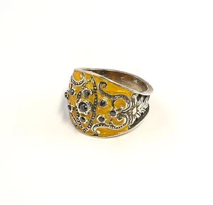 9901412-d 925er Silber emaillierter Ring mit Onyx Gr. 58 floral gelb - Picture 1 of 1