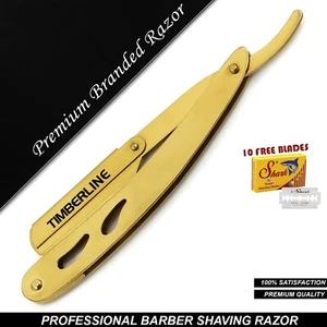 BARBER SALON STRAIGHT CUT THROAT SHAVING RAZOR SHAVE RASOIRS GOLD +10 BLADES - Picture 1 of 4