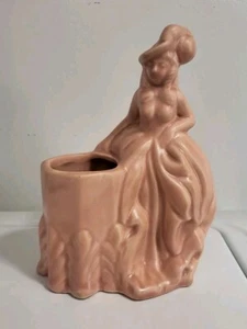 Vtg Haeger USA Pottery blush pink Victorian Lady Feather Hat Planter Vase - Picture 1 of 6