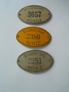 3 Bicycle license plates or tags 1943, 1944, 1945 St Louis, MO - Picture 1 of 3
