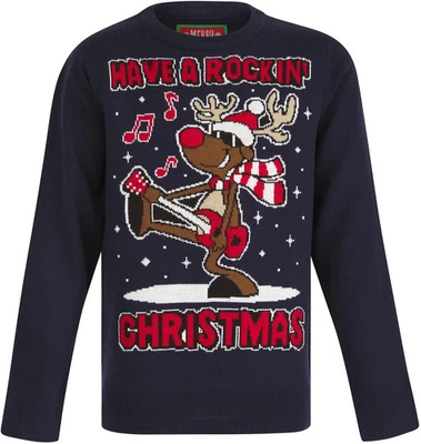 Christmas Rockin Rudolph LED Light Up Junior Christmas Jumper Ink Kids Crew Neck