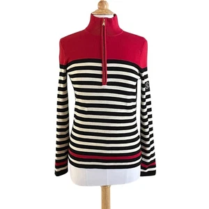 Lauren Ralph Lauren Cotton Red, White Black Stripe 1/4 Zip Sweater, Preppy, M - Picture 1 of 11
