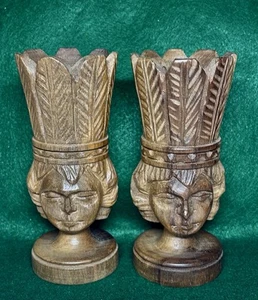 Vintage Hand-Carved Wood Vases Pair Indigenous Head Design 5” Made in Ecuador - Picture 1 of 5