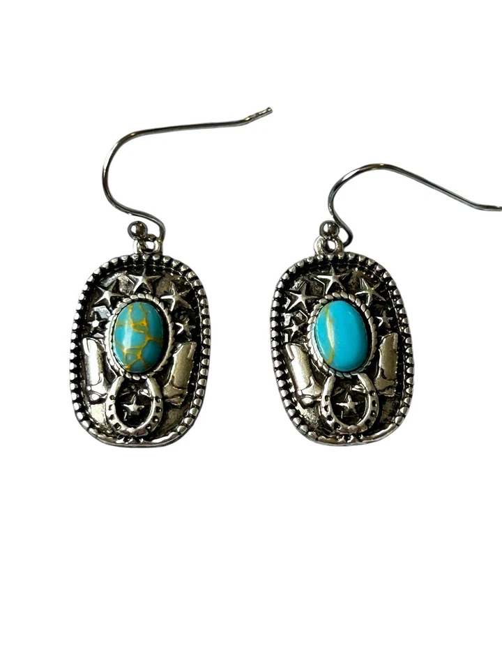 Brincos pendurados retangulares Montana Silversmiths cowgirl turquesa estrela bota  - Imagem 1 de 4