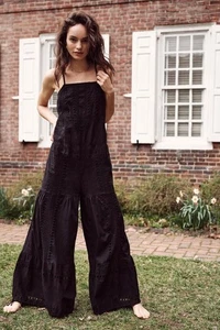 Free People Jumpsuit Womens Medium Black Eyelet Wide Leg Spaghetti Strap Boho - Picture 1 of 8