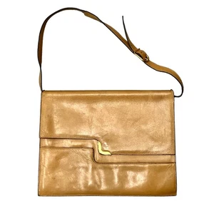Vintage 70s Camel Leather Shoulder Bag w/ Brass Detail & Flap Closure - Picture 1 of 10