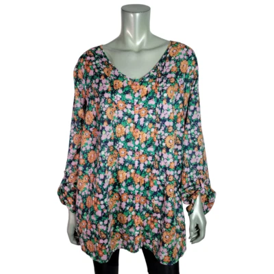 Top Liz Claiborne Talla Grande 2X Floral Cuello en V Manga con Pestaña Redonda Ligero Naranja Foto 1 de 4