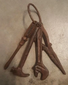 Set of 4 Cast Iron Tools on a Ring rustic brown finish home garden décor - Picture 1 of 4