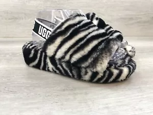 UGG Fluff Yeah 1112248 Women's US 6 Black/White Zebra Print Slide Slipper Sandal - Picture 1 of 7