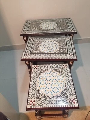 Set of 3 Table Nest, Egyptian Handmade Coffee Table, Inlaid Mother Pearl Table - Image 1 of 4