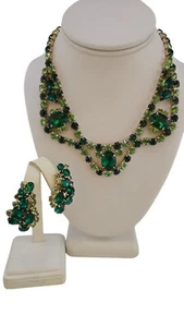 Vintage großes 2-farbiges grünes Strass Halsband Halskette und Ohrring Set (A3684) - Bild 1 von 7