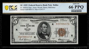 1929 $5 Federal Reserve Bank Note - Dallas - FR.1850-K - PCGS 66 PPQ GEM Unc. - Picture 1 of 2