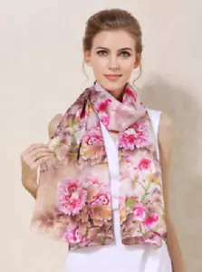 100% Silk Satin Women Scarf neckerchief Shawl Wrap floral pink red yellow MY132 - Picture 1 of 4
