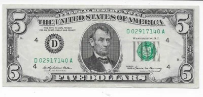 1969  $5 Federal Reserve Note Gorgeous Cleveland  District  Grades AU  NICE - Image 1 of 2
